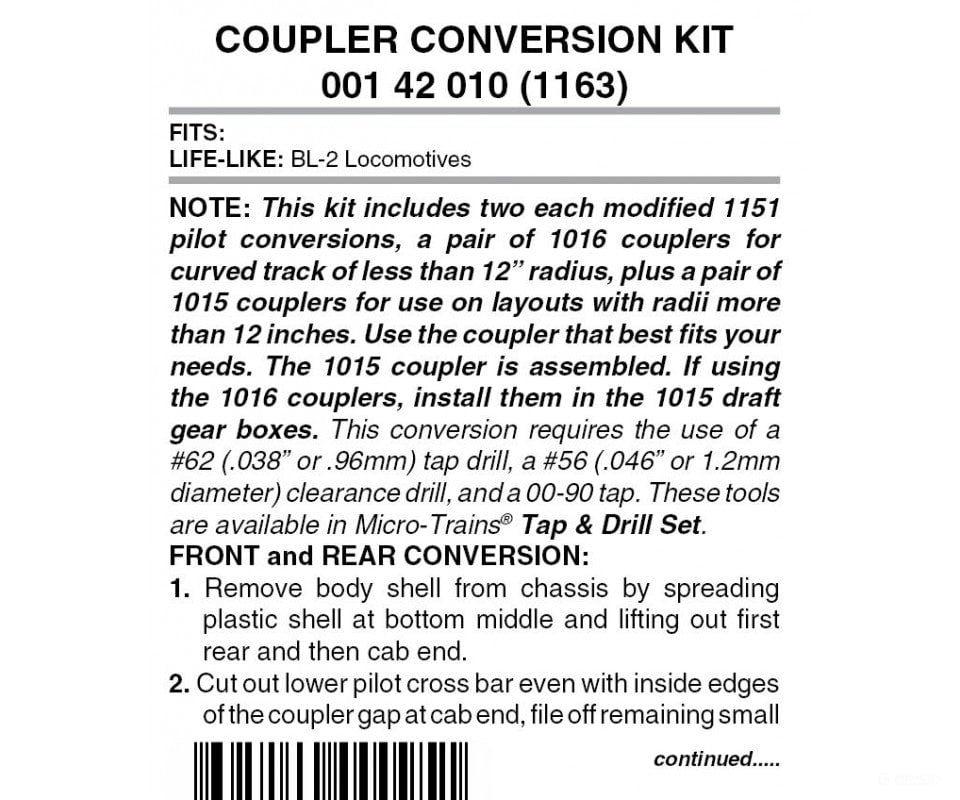 Micro Trains N 142010 Locomotive Coupler Conversion Kits W/Pilot Face -- Life-Like Bl-2 (Black