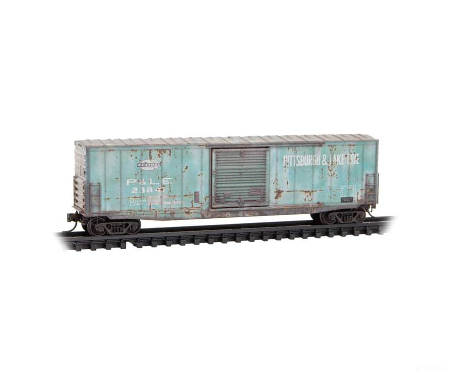 Micro Trains N 180144470 50’ Boxcar with 10’ Door No Roofwalk Short Ladders - Pittsburgh & Lake Erie #23841 (Weathered