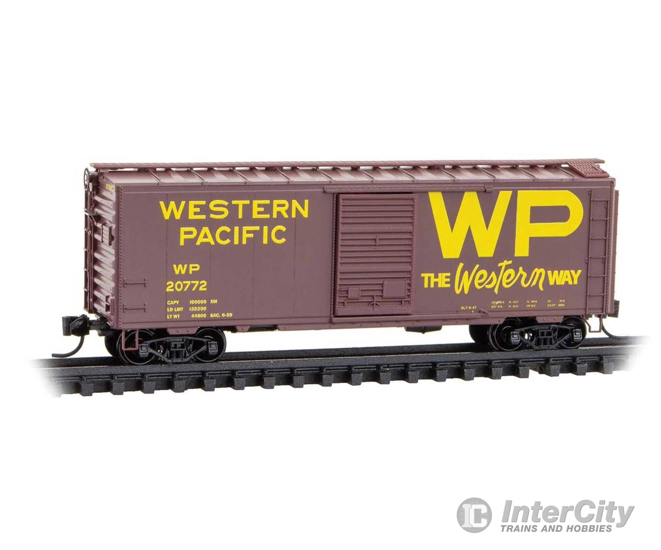 Micro Trains N 2000518 40’ Single-Door Boxcar - Western Pacific #20772 (Boxcar Red yellow Script Western Way Slogan)