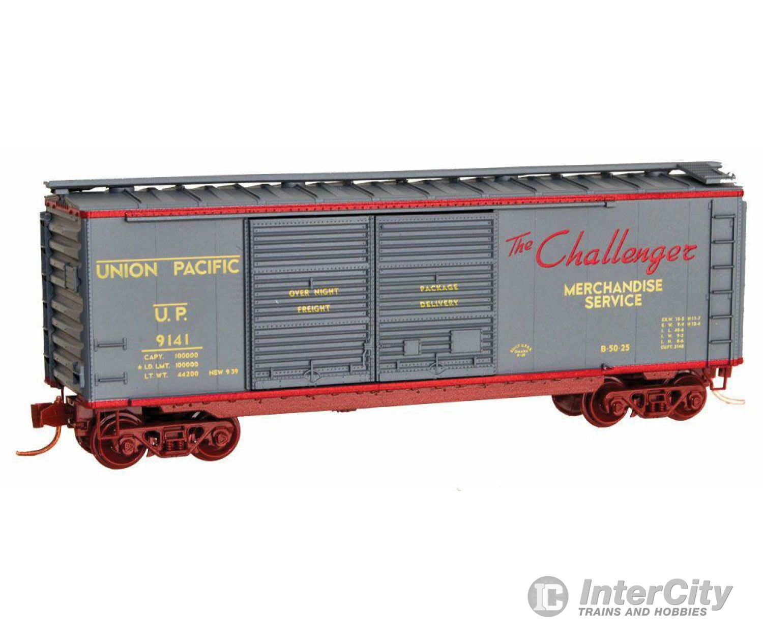 Micro Trains N 2300231 40 Double-Door Boxcar - Ready To Run -- Union Pacific #9141 (Gray Red Yellow