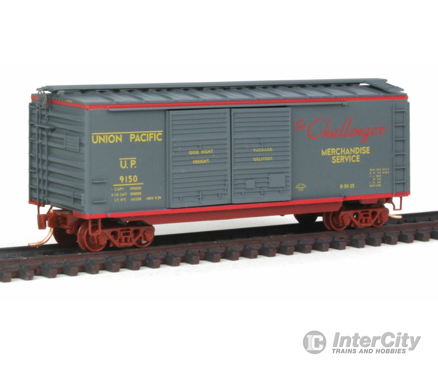 Micro Trains N 2300232 40 Double-Door Boxcar - Ready To Run -- Union Pacific #9150 (Gray Red Yellow