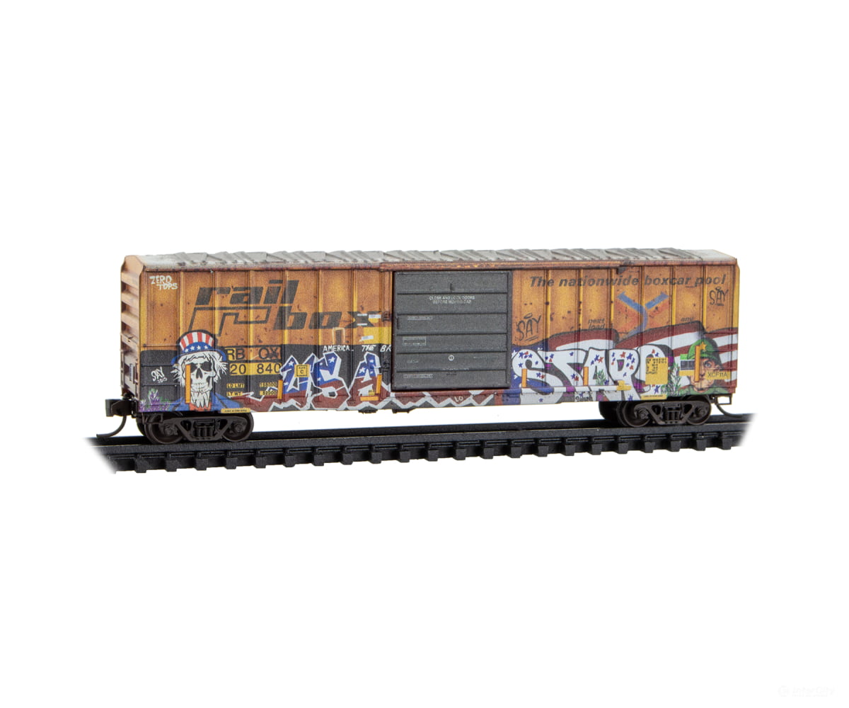 Micro Trains N 25144011 50’ Rib-Side Single-Door Boxcar No Roofwalk - Railbox #20480 (Weathered yellow black graffiti)