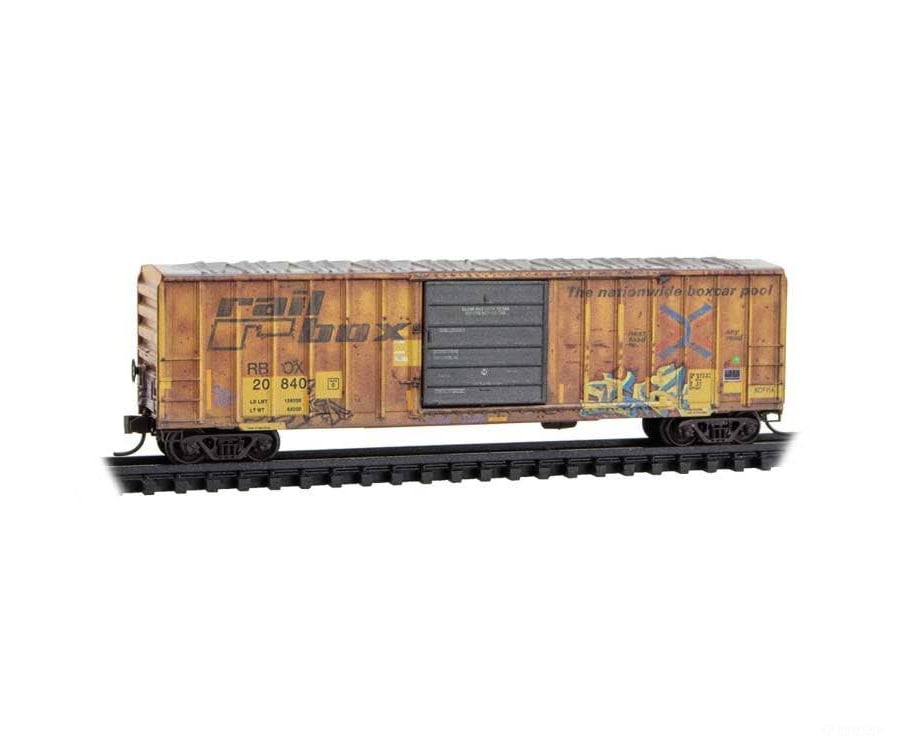 Micro Trains N 25144011 50’ Rib-Side Single-Door Boxcar No Roofwalk - Railbox #20480 (Weathered yellow black graffiti)