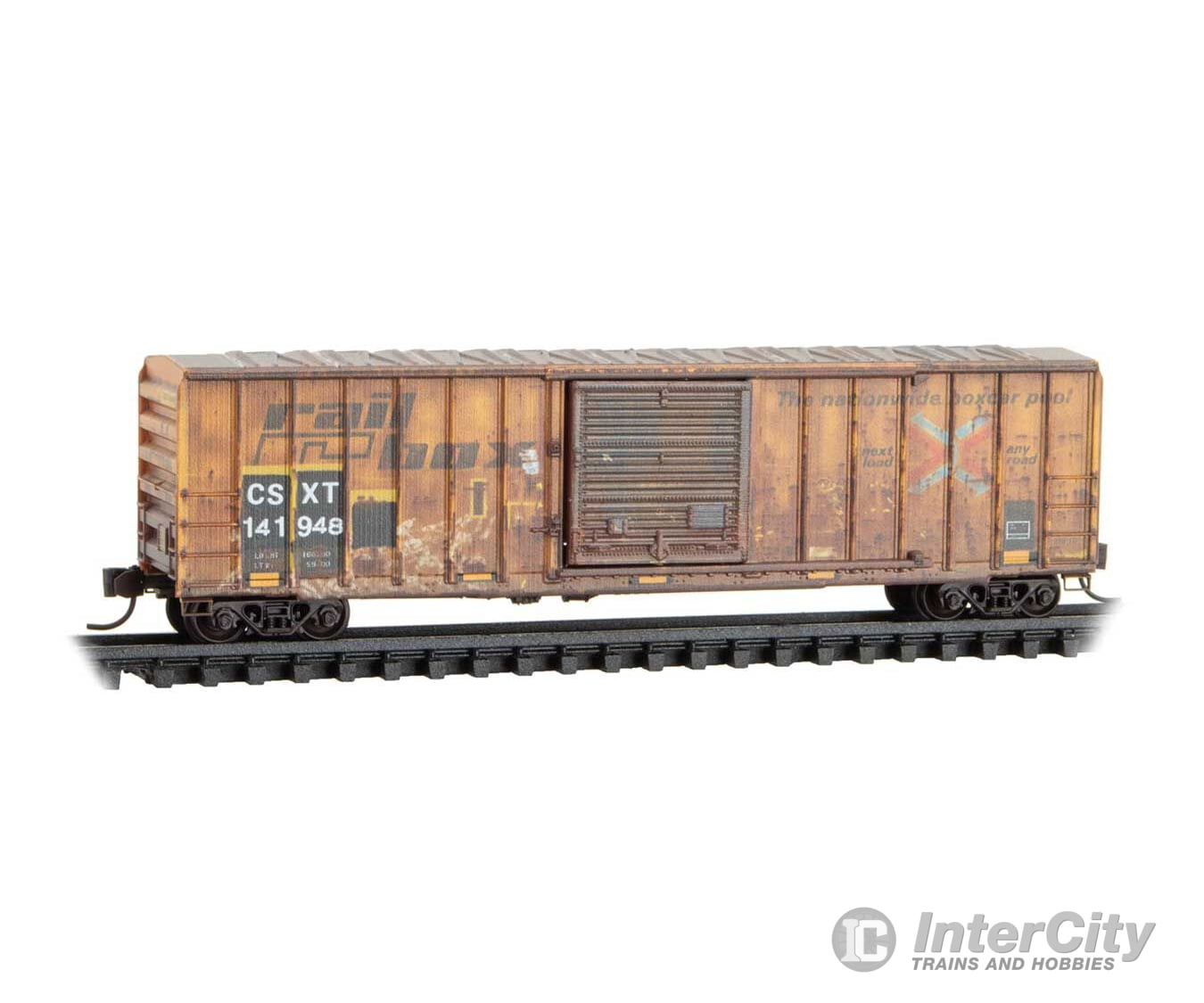 Micro Trains N 2544439 50’ Rib-Side Single-Door Boxcar No Roofwalk - CSX #141948 (Ex-Railbox weathered yellow graffiti