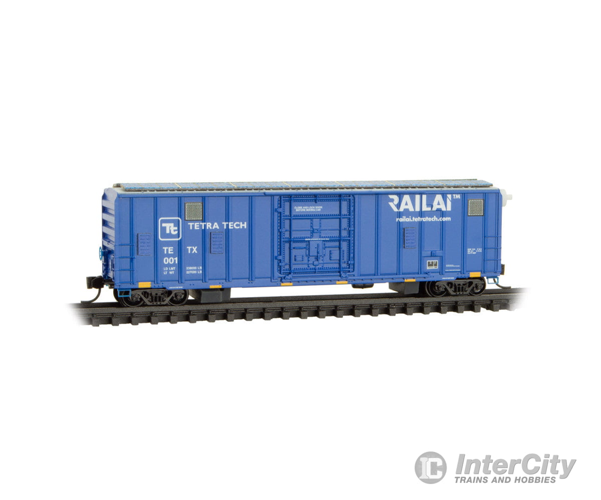 Micro Trains N 2700510 50’ Track Inspection Rib-Side Plug-Door Boxcar No Roofwalk - Tetra Tech #1 (blue white yellow