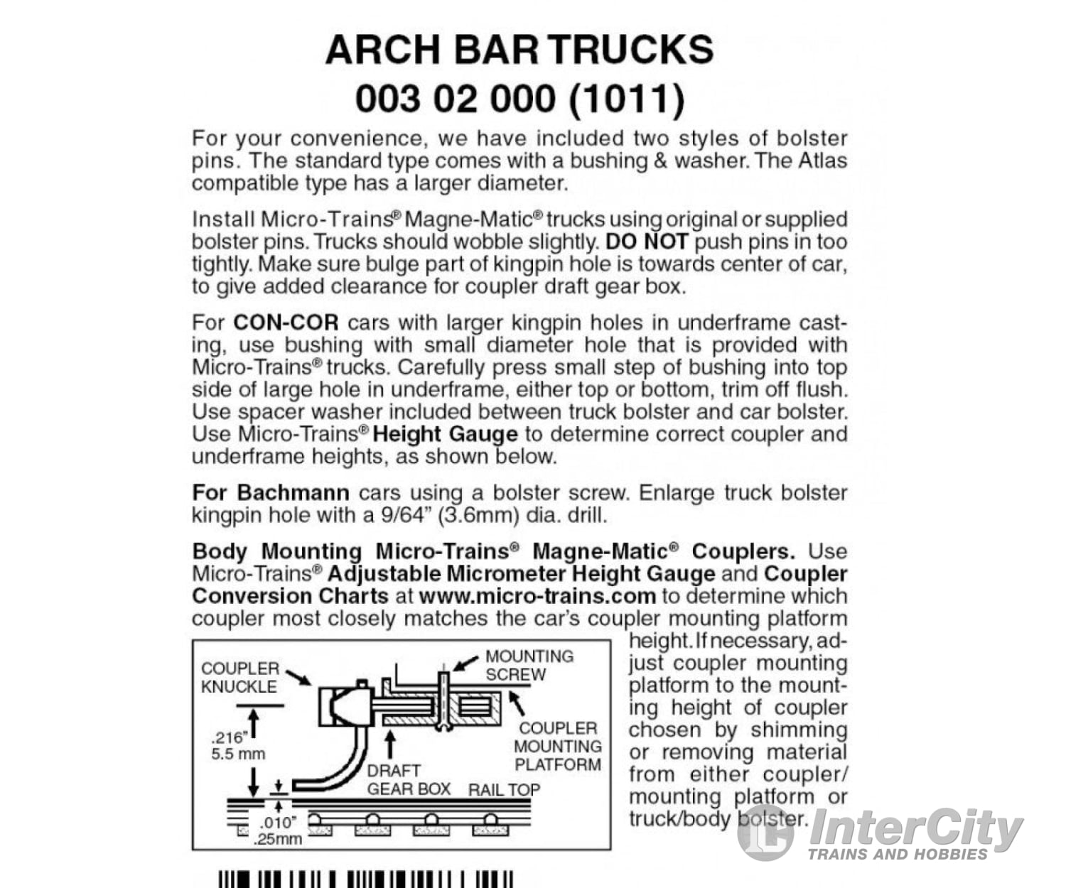 Micro Trains N 302000 Archbar Trucks -- Less Couplers 1 Pair &