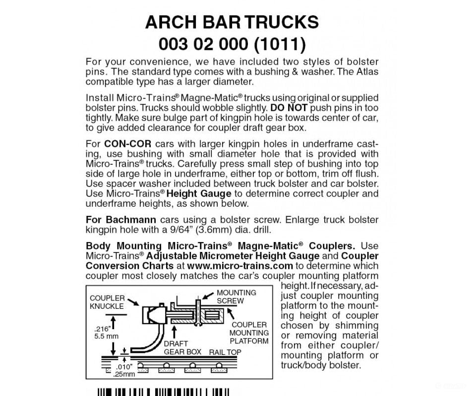 Micro Trains N 302000 Archbar Trucks -- Less Couplers 1 Pair &