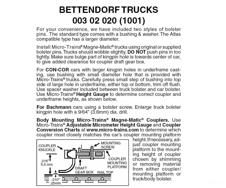 Micro Trains N 302020 Bettendorf Trucks -- Without Couplers 1 Pair &