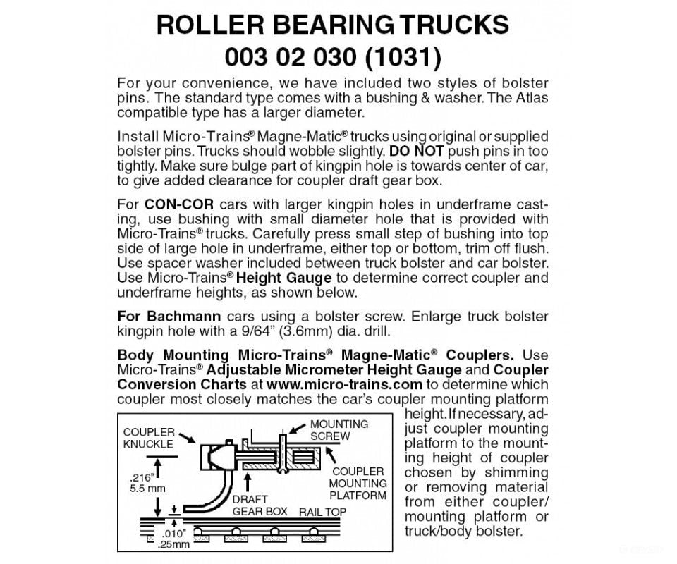 Micro Trains N 302030 Roller-Bearing Trucks -- Less Couplers 1 Pair &