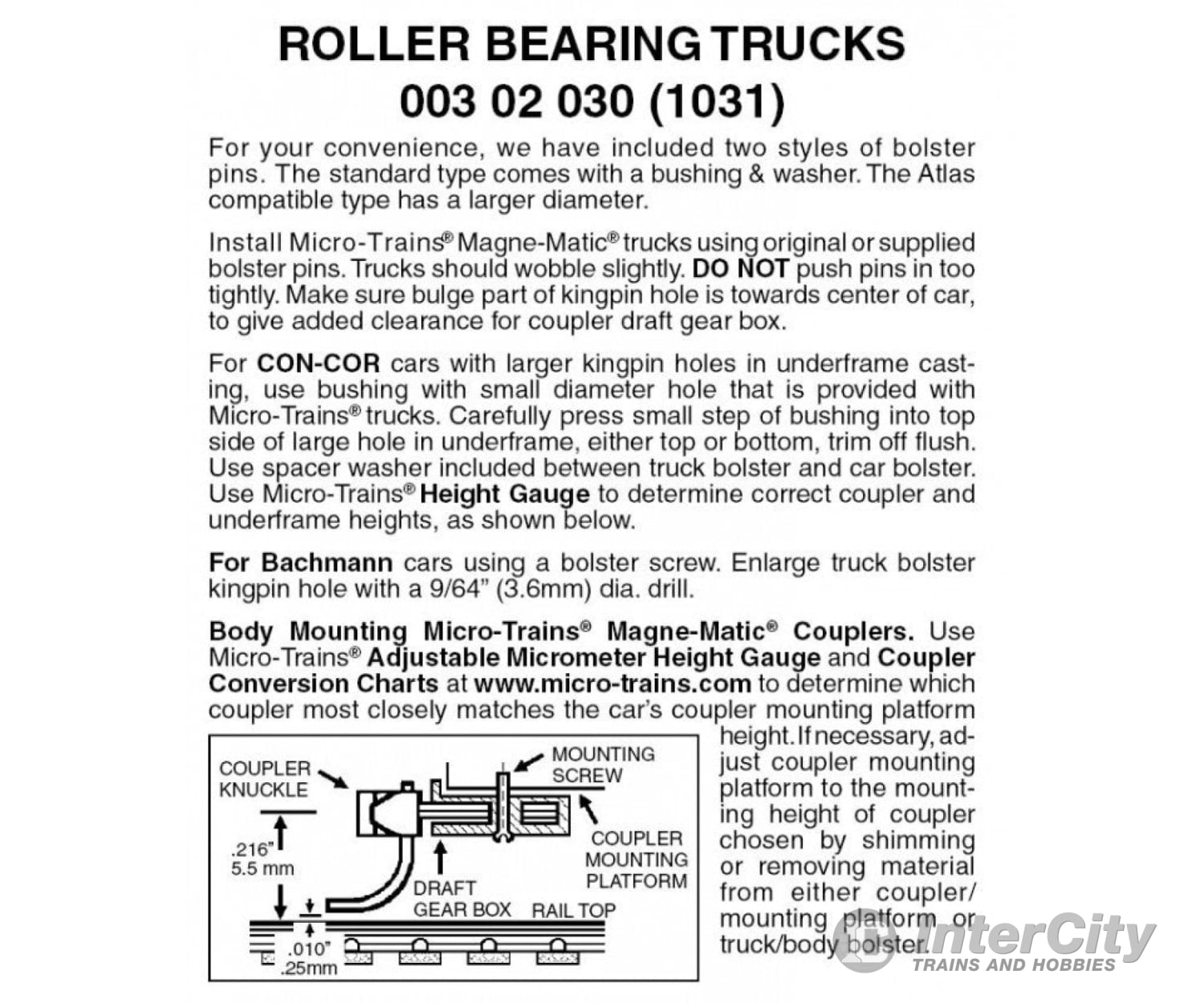 Micro Trains N 302030 Roller-Bearing Trucks -- Less Couplers 1 Pair &