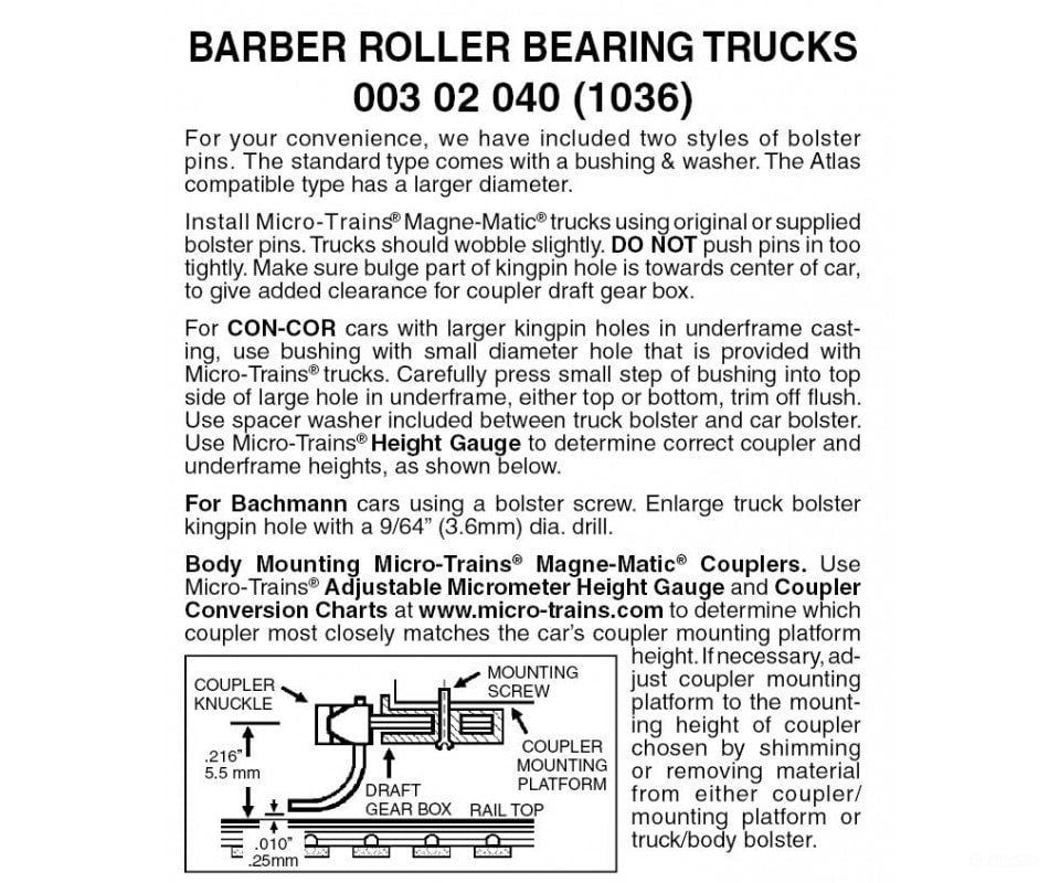 Micro Trains N 302040 Barber Roller-Bearing Trucks -- Less Couplers 1 Pair &
