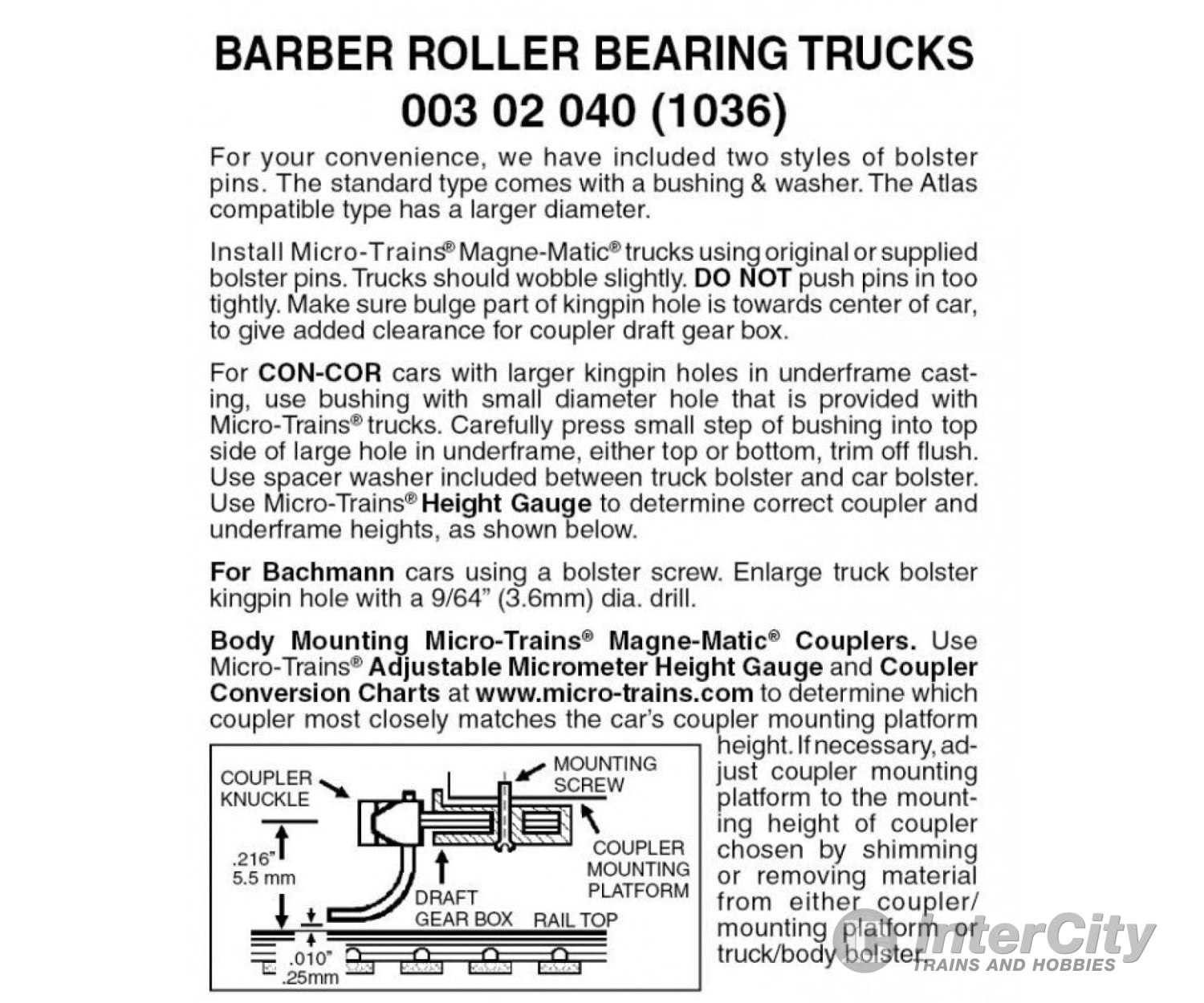 Micro Trains N 302040 Barber Roller-Bearing Trucks -- Less Couplers 1 Pair &