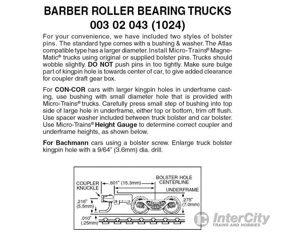 Micro Trains N 302043 Barber Roller-Bearing Trucks -- With Medium+ Extended Couplers 1 Pair &
