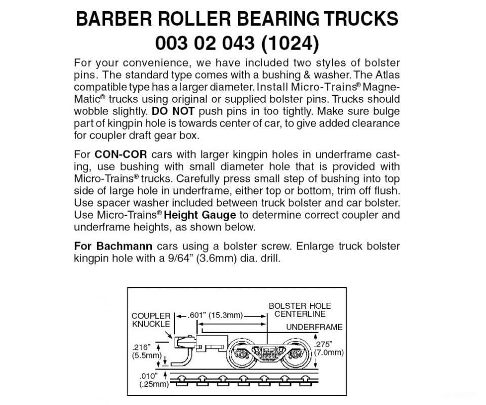 Micro Trains N 302043 Barber Roller-Bearing Trucks -- With Medium+ Extended Couplers 1 Pair &