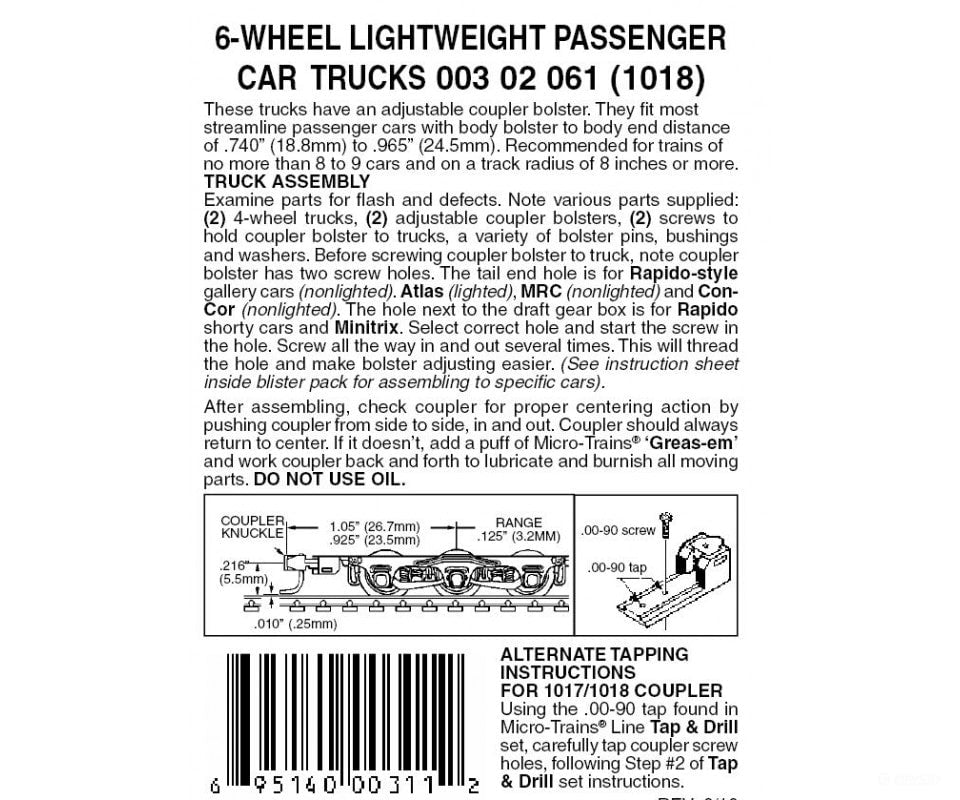 Micro Trains N 302061 Six-Wheel Passenger Car Trucks -- With Adjustable Couplers 1 Pair &