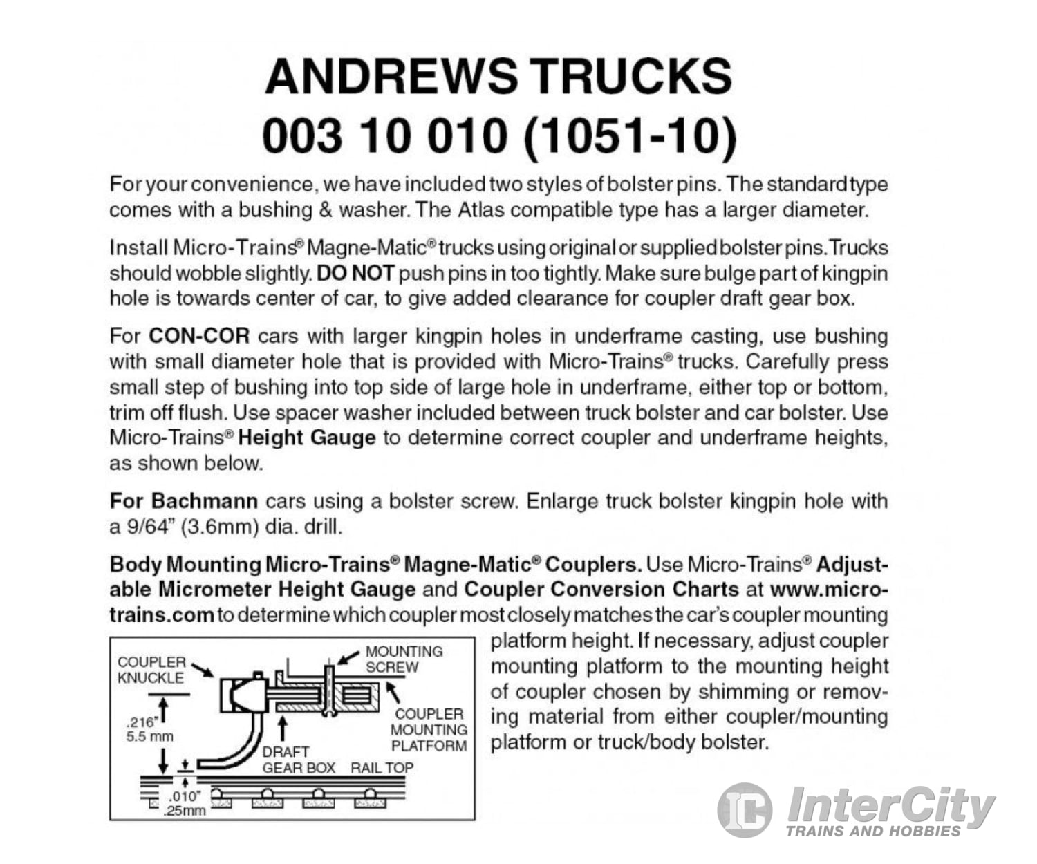 Micro Trains N 310010 Andrews Trucks -- Less Couplers (Black) 10 Pairs &