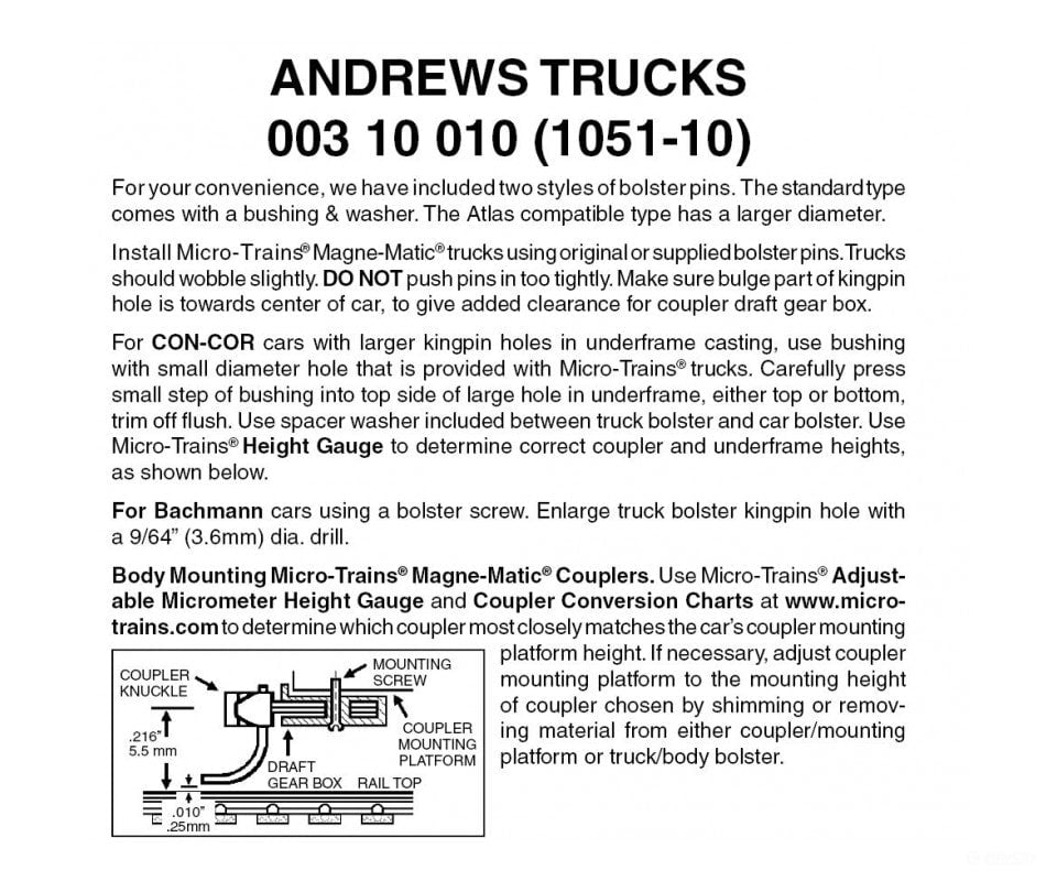 Micro Trains N 310010 Andrews Trucks -- Less Couplers (Black) 10 Pairs &