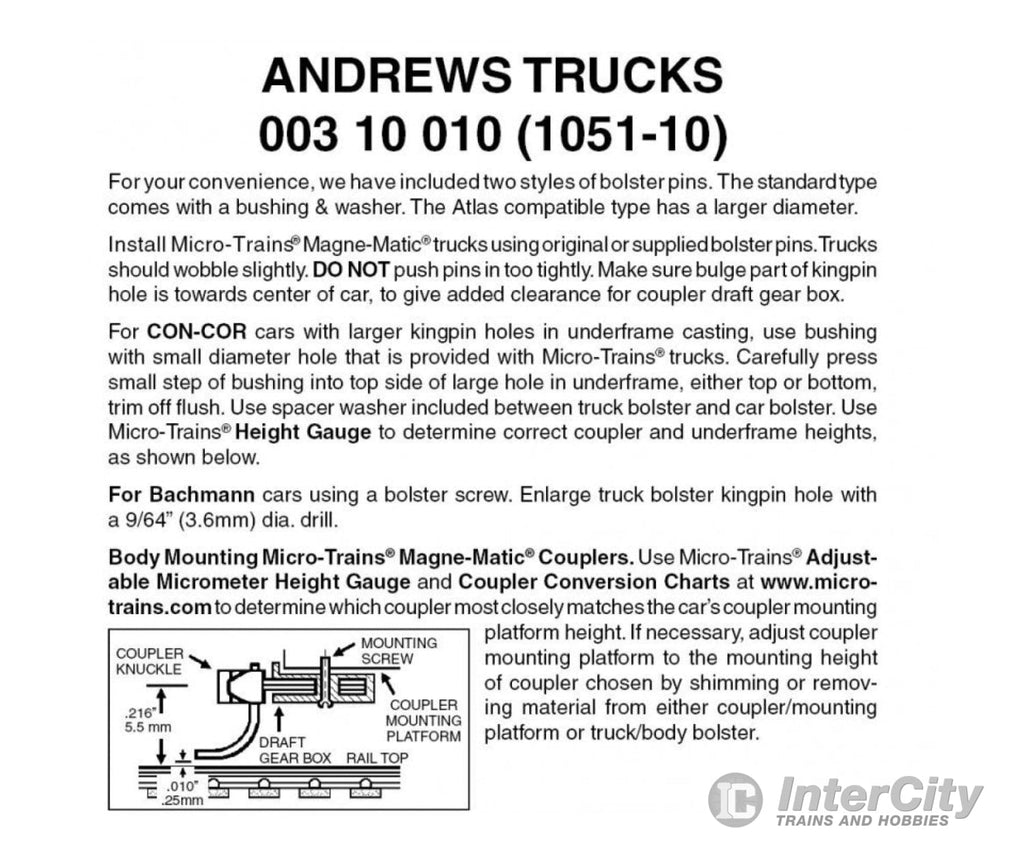 Micro Trains N 310010 Andrews Trucks -- Less Couplers (Black) 10 Pairs &