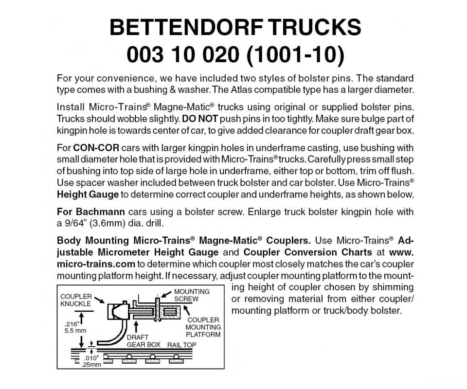 Micro Trains N 310020 Bettendorf Trucks -- Less Couplers (Black) 10 Pairs &