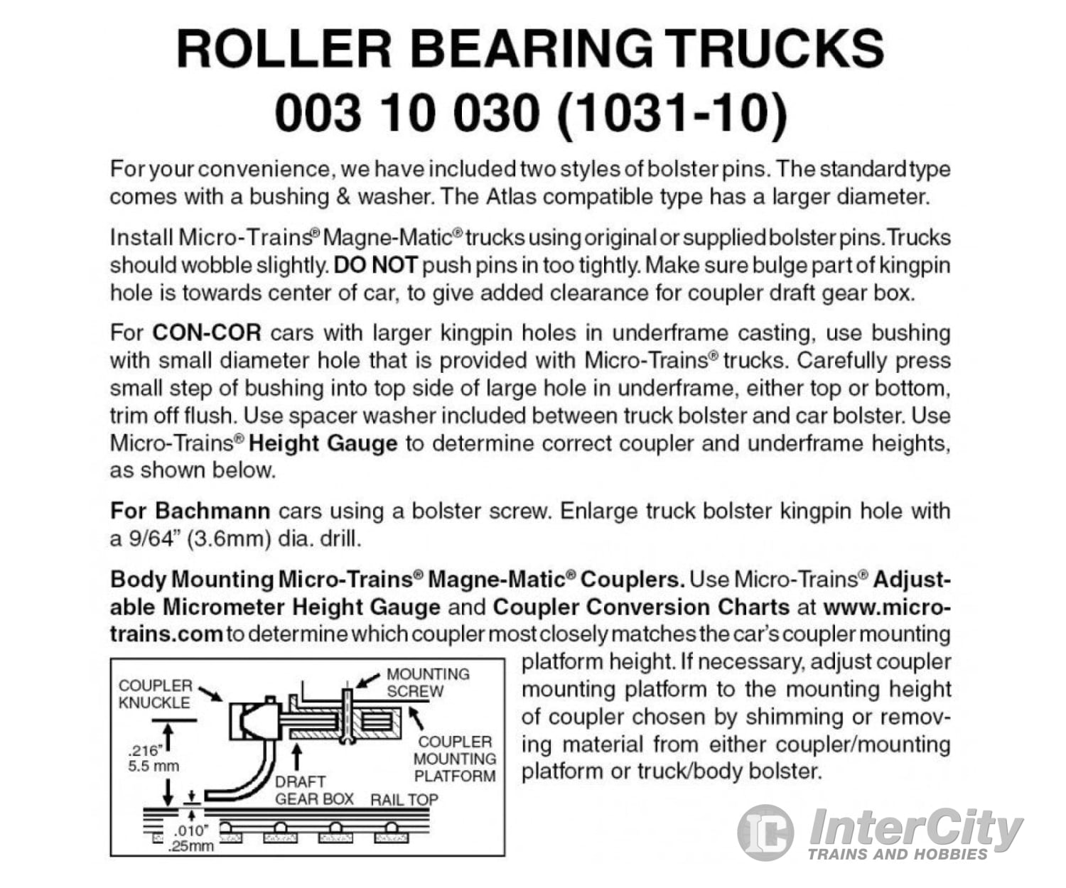 Micro Trains N 310030 Roller-Bearing Trucks -- Less Couplers (Black) 10 Pairs &