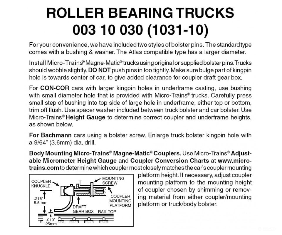 Micro Trains N 310030 Roller-Bearing Trucks -- Less Couplers (Black) 10 Pairs &
