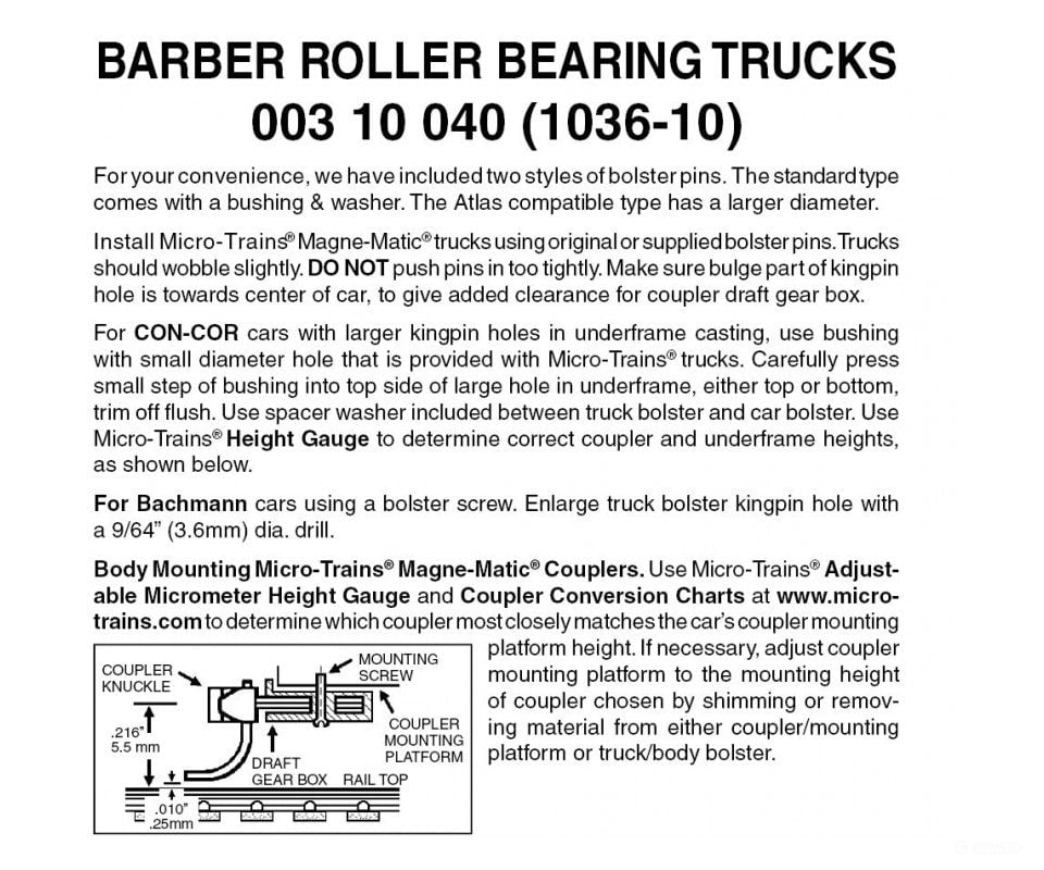Micro Trains N 310040 Barber Roller-Bearing Trucks -- Less Couplers (Black) 10 Pairs &