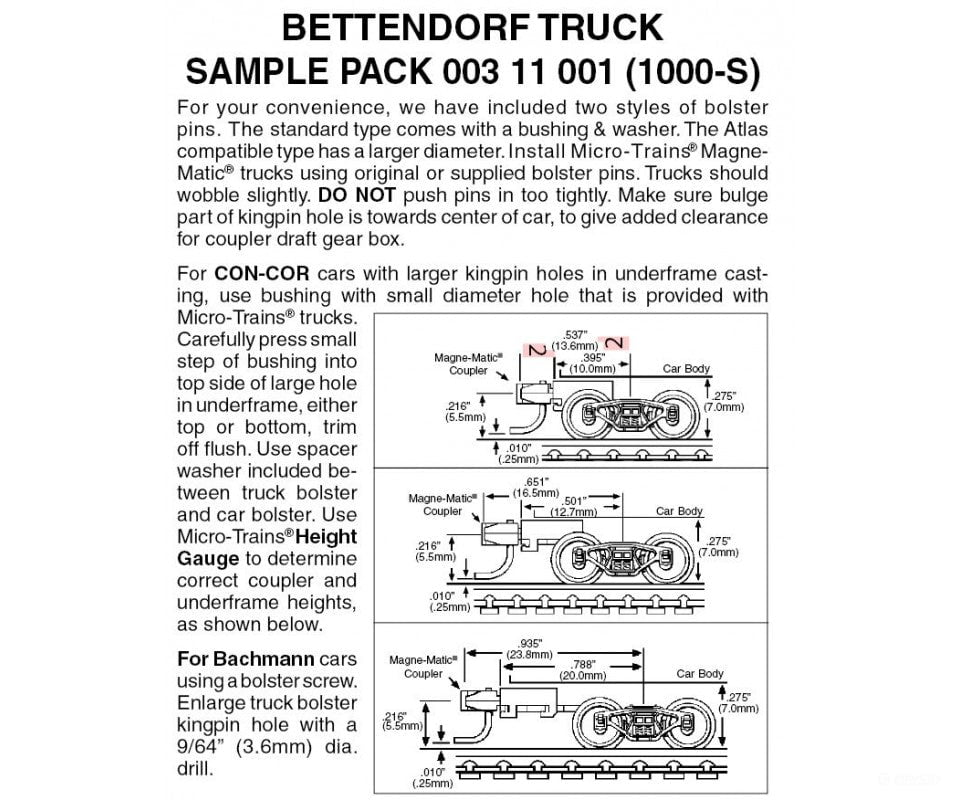 Micro Trains 311001 Bettendorf Truck Sampler Pack - 1 Pair Each #1000 1002 & 1003 Couplers Trucks