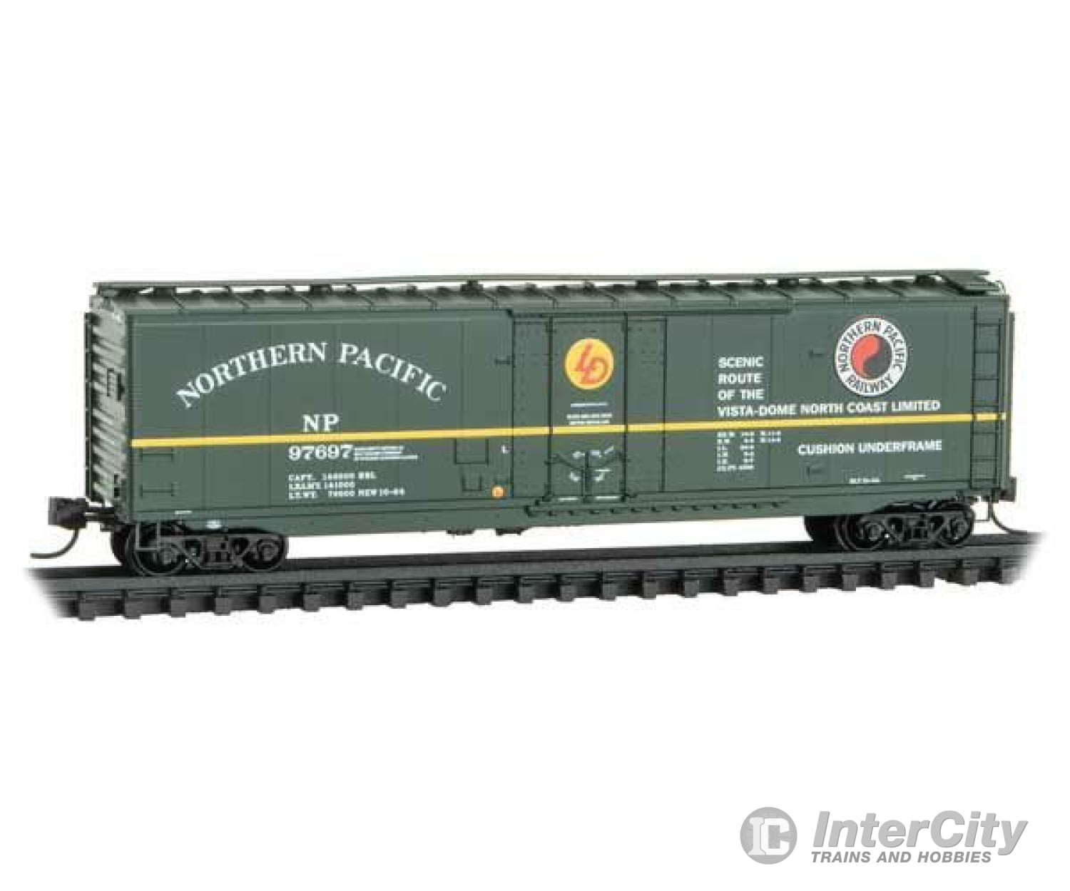 Micro Trains N 3200201 50 Plug-Door Boxcar - Ready To Run -- Northern Pacific #97697 (Green Yellow