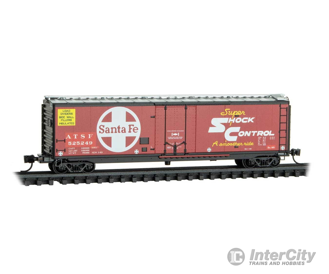 Micro Trains N 3200620 50’ Plug-Door Boxcar - Santa Fe #525249 (red silver white black ends large logo) Freight Cars