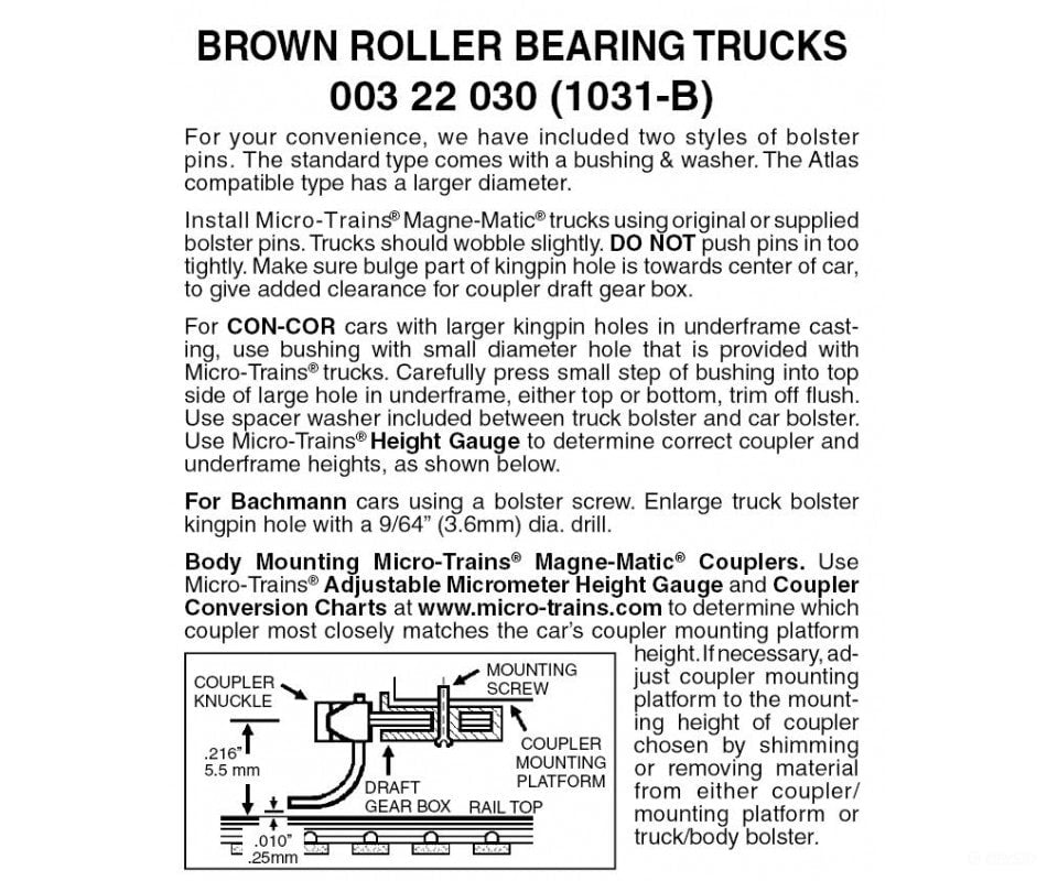 Micro Trains N 322030 Roller-Bearing Trucks -- Less Couplers (Brown) 1 Pair &