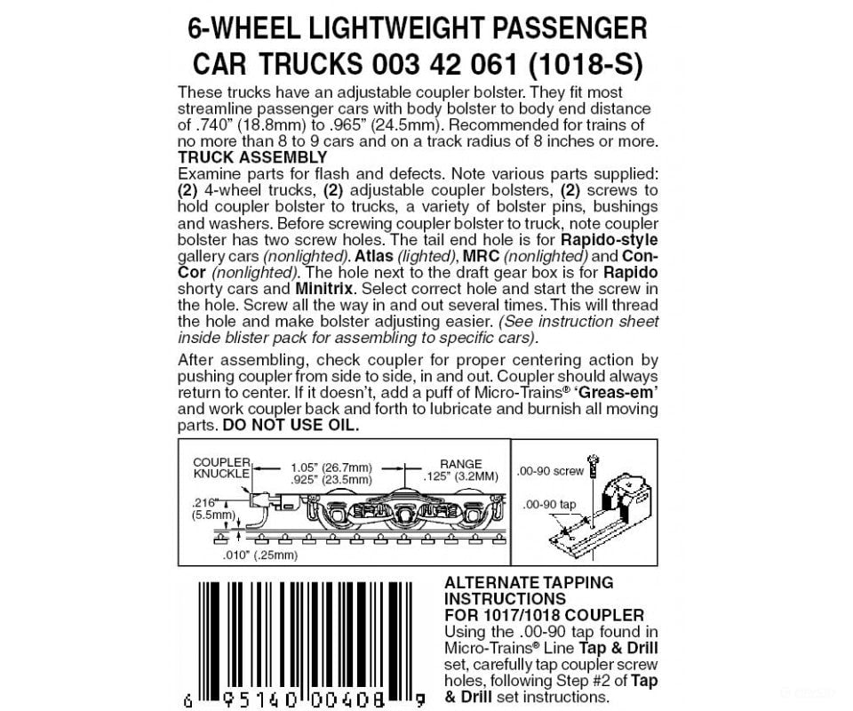 Micro Trains N 342061 Six-Wheel Passenger Car Trucks -- Standard W/Adjustable Couplers (Silver) 1