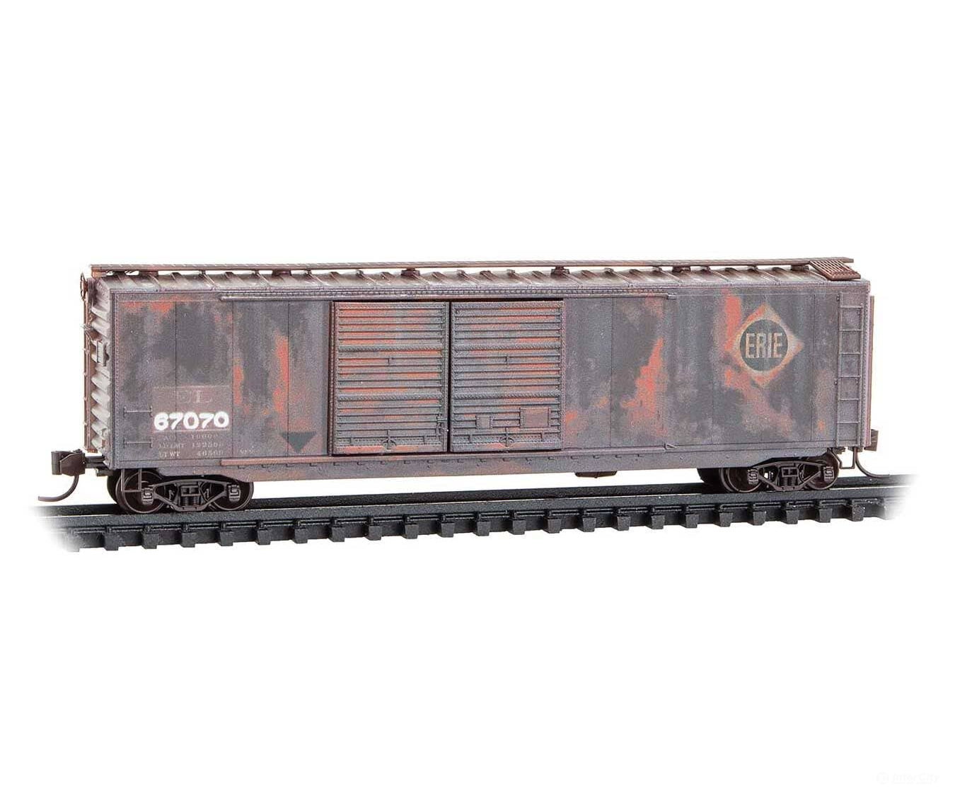 Micro Trains N 3444500 50’ Double-Door Boxcar - Erie #67070 (Weathered Boxcar Red CR Family Series Car #2) Freight Cars