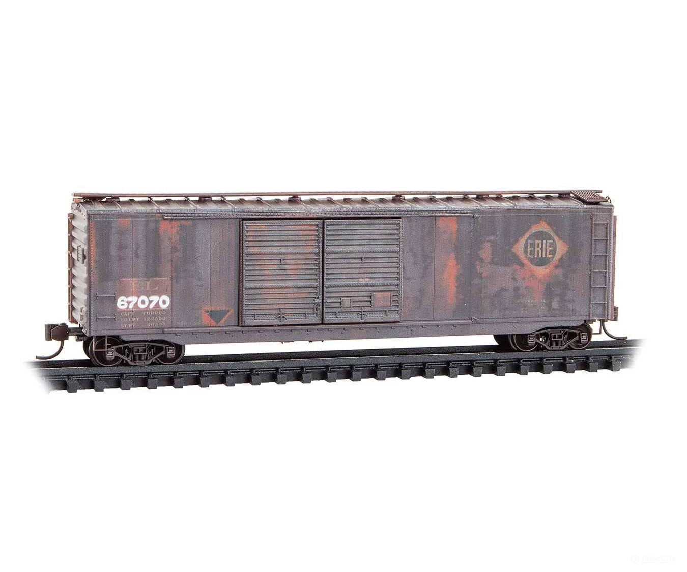 Micro Trains N 3444500 50’ Double-Door Boxcar - Erie #67070 (Weathered Boxcar Red CR Family Series Car #2) Freight Cars