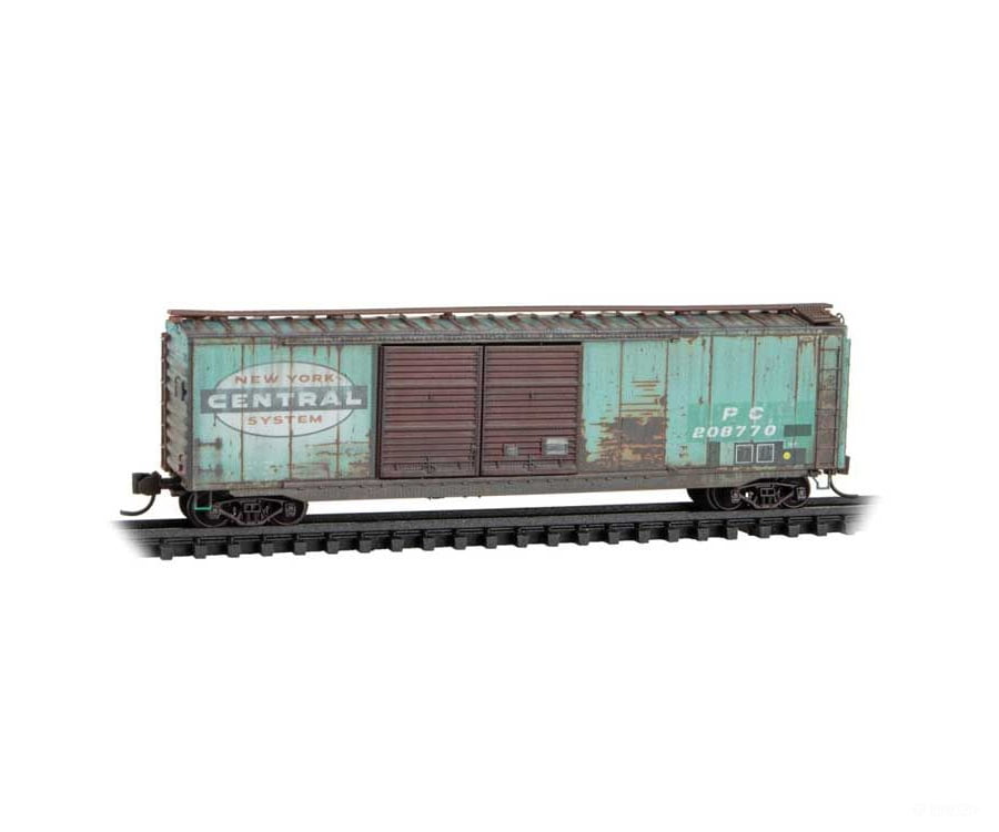 Micro Trains N 3444510 50’ Double-Door Boxcar - Penn Central #208770 (Weathered Patched Ex-NYC Jade Green Series #4)