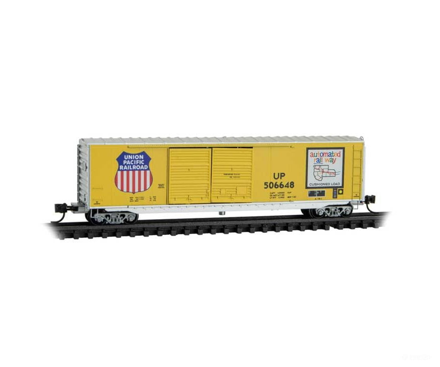 Micro Trains N 3700170 50’ Double-Door Boxcar No Roofwalk - Union Pacific #506648 (Armour Yellow silver Automated