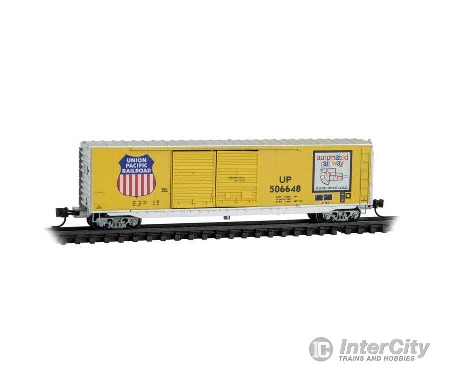 Micro Trains N 3700170 50’ Double-Door Boxcar No Roofwalk - Union Pacific #506648 (Armour Yellow silver Automated