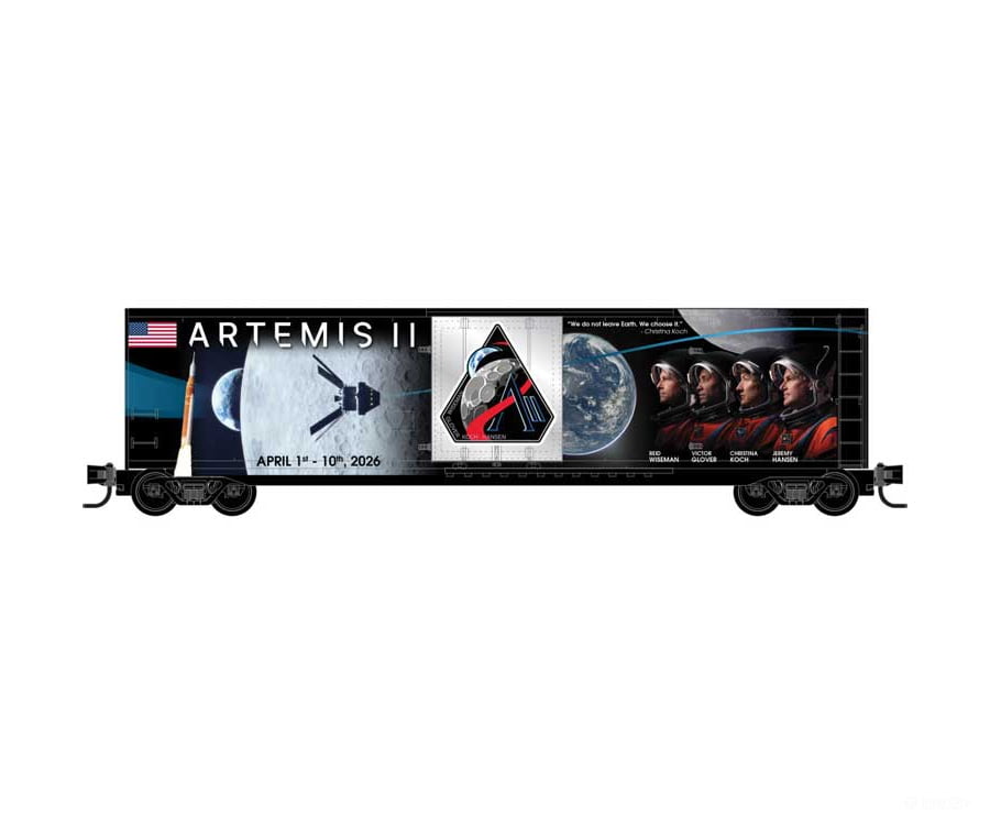Micro Trains N 38100660 50’ Plug-Door Boxcar No Roofwalk - Artemis II Mission Commemorative (black blue red) - Freight