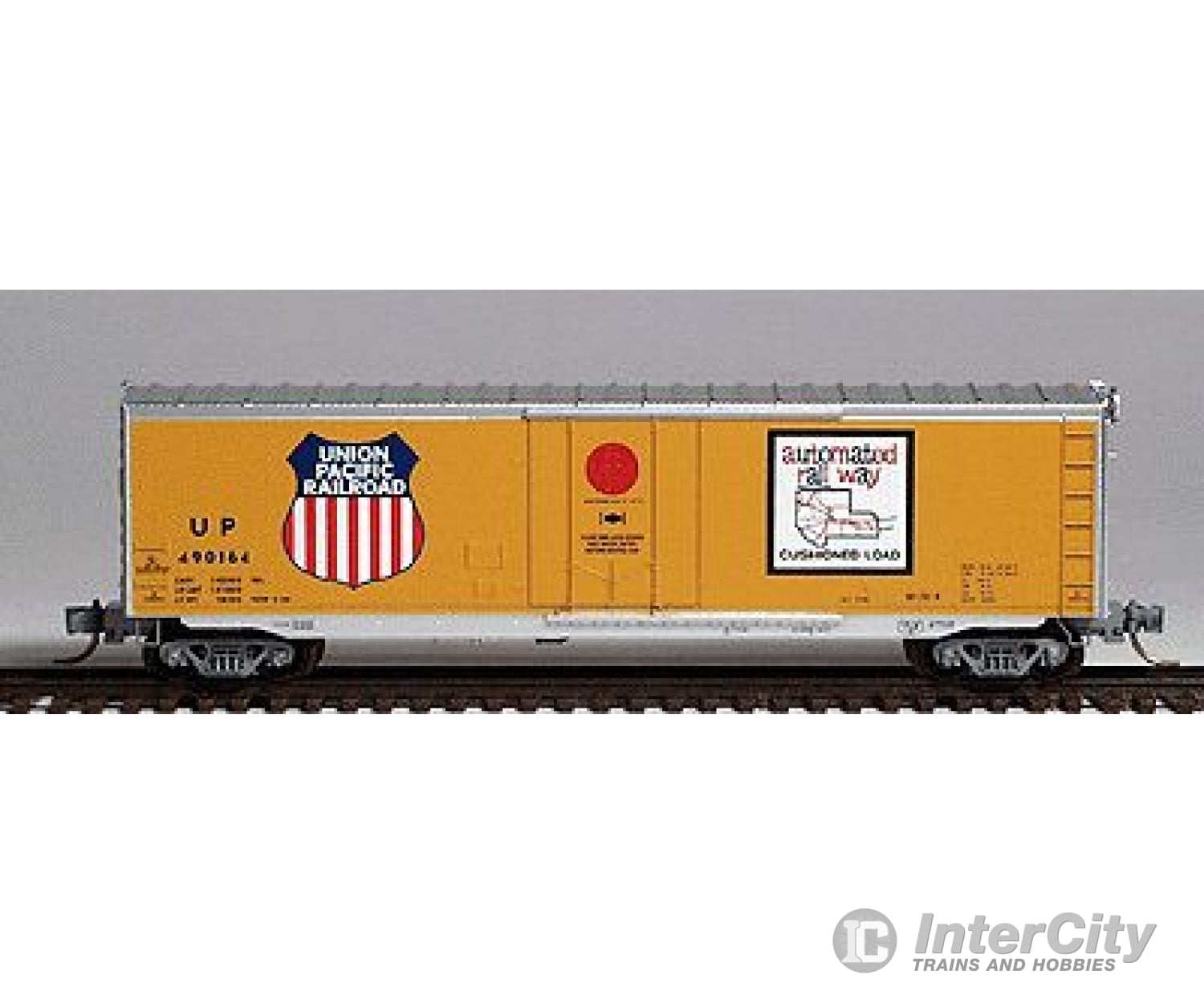 Micro Trains N 38280 50 Plug Door Boxcar -- Union Pacific #490164 (Yellow W/Aluminum Roof Automated