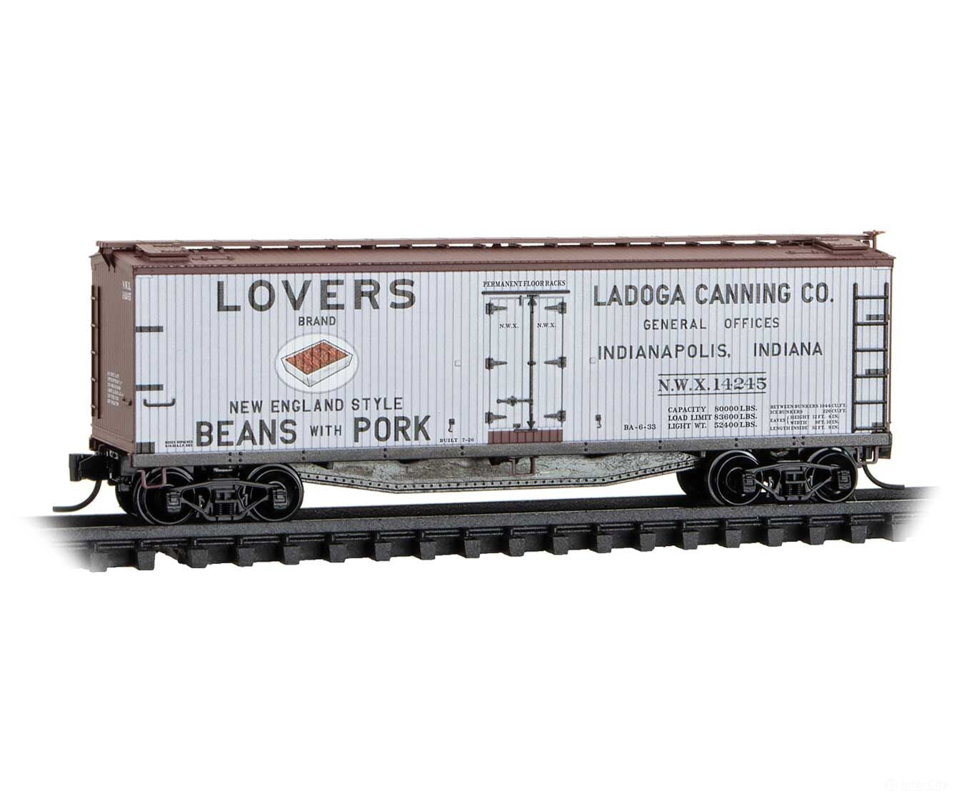 Micro Trains N 4900990 40’ Double-Sheathed Wood Reefer w/Vertical Brake Wheel - Ready to Run - Ladoga Canning NWX