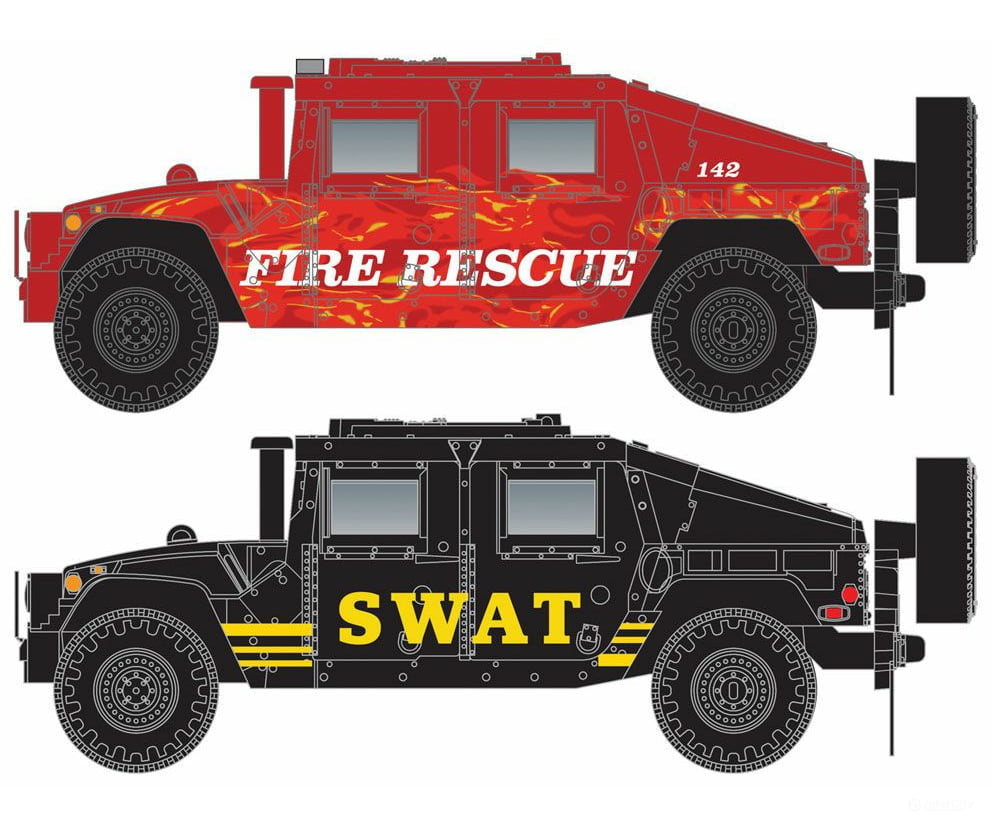 Micro Trains N 49945957 Humvee(R) Vehicle 2-Pack - Assembled -- 1 Each: Fire (Red) Swat (Black