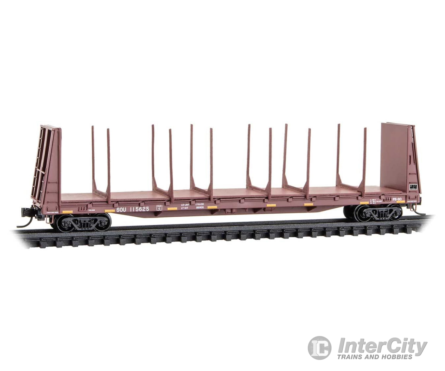 Micro Trains N 5400431 61’ 8’’ Bulkhead Flatcar With Log Bunks - Ready To Run Norfolk