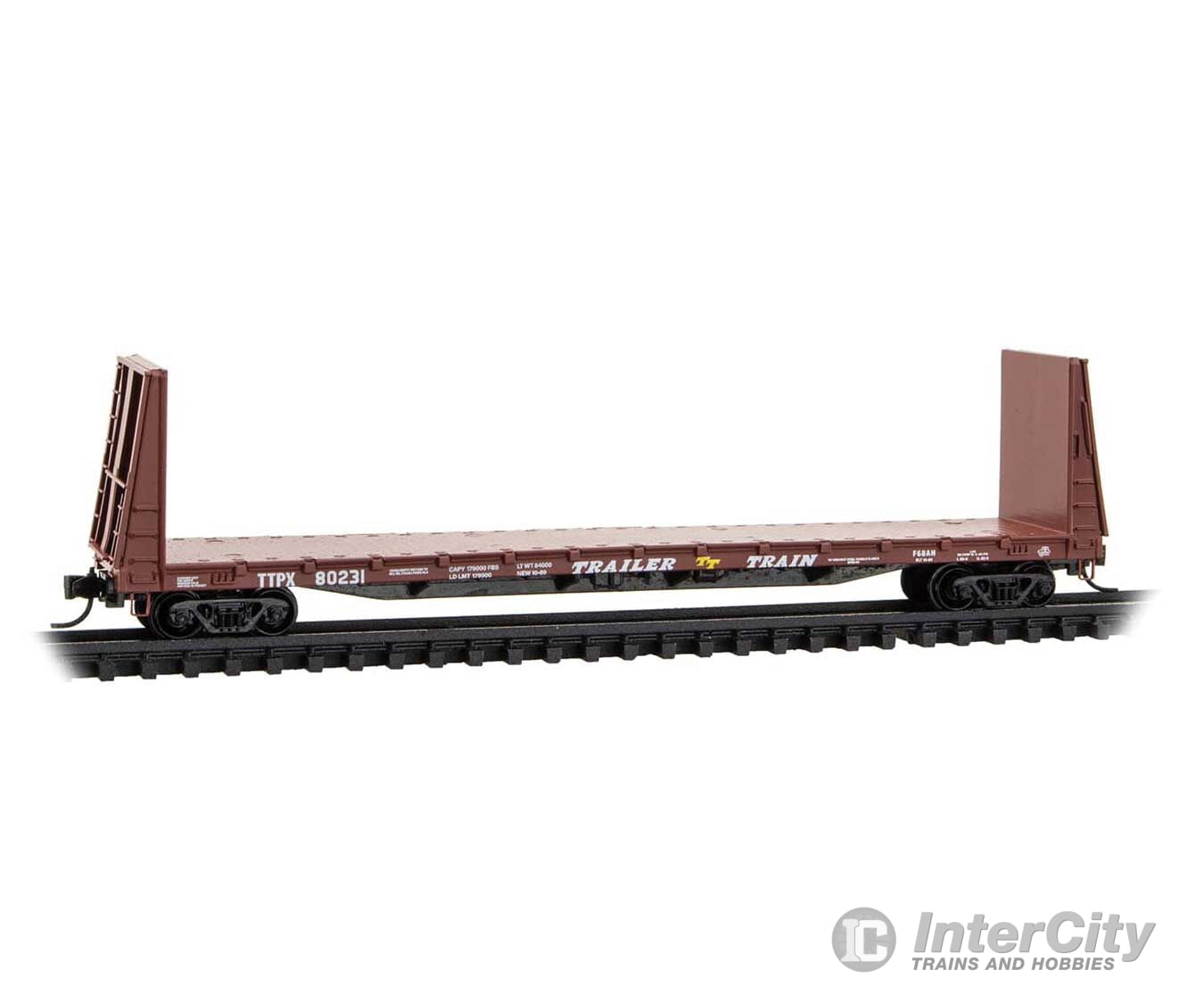 Micro Trains N 5400480 61’ 8’’ Bulkhead Flatcar - Trailer-Train TTPX #80231 (Boxcar Red white yellow) Freight Cars