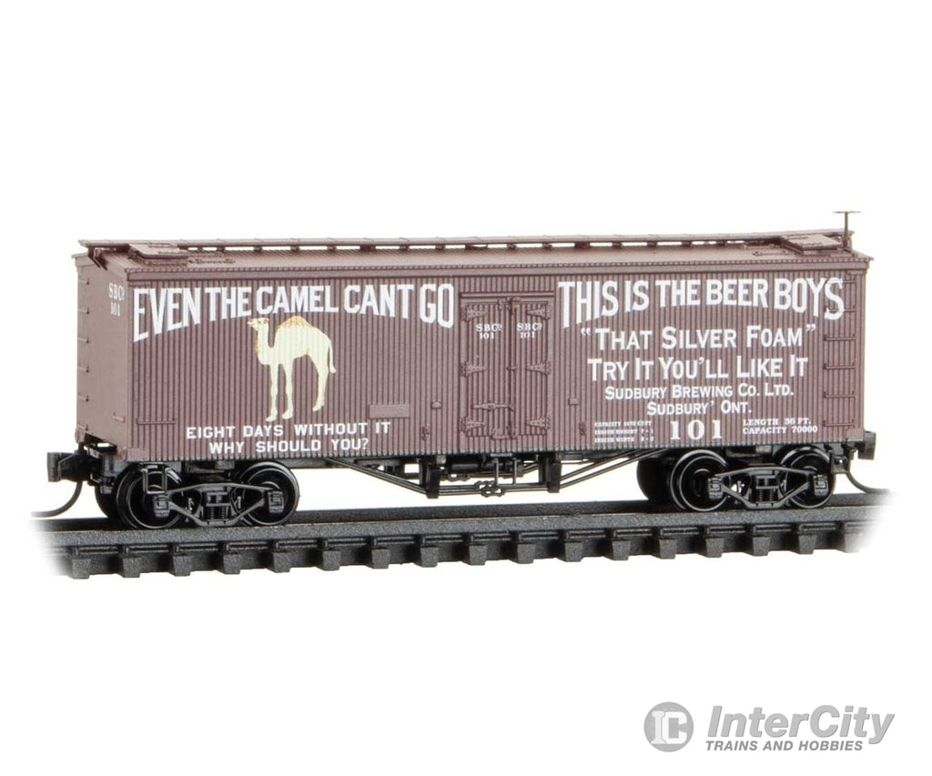 Micro Trains N 5800181 36’ Wood-Sheathed Ice Reefer - Sudbury Brewing & Malting Company #101 (Boxcar Red white) Freight