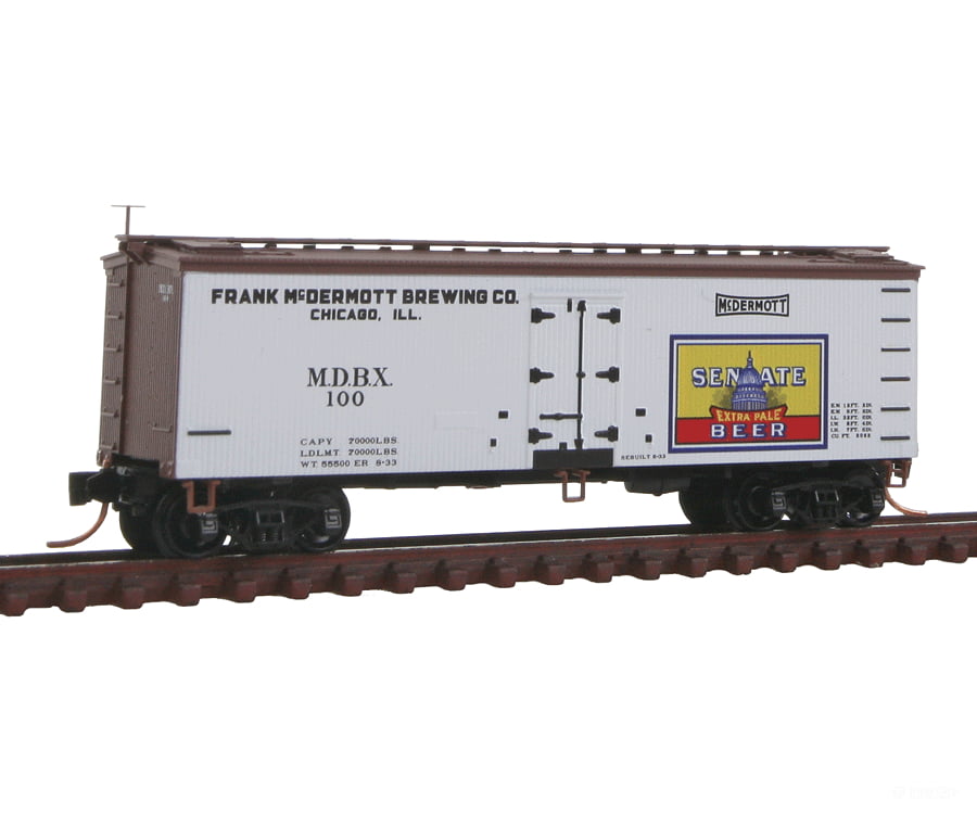 Micro Trains N 5800546 36’ Wood-Sheathed Ice Reefer Brewery Series - Senate Brewing Co. Mdbx #100