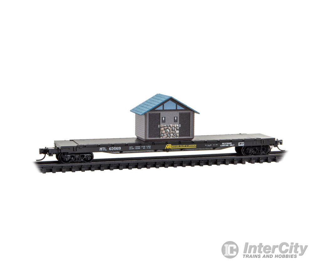 Micro Trains N 6400510 57’ 6’’ Flatcar with Outhouse Load - Medford Talent & Lakecreek #63569 (April Fools black yellow