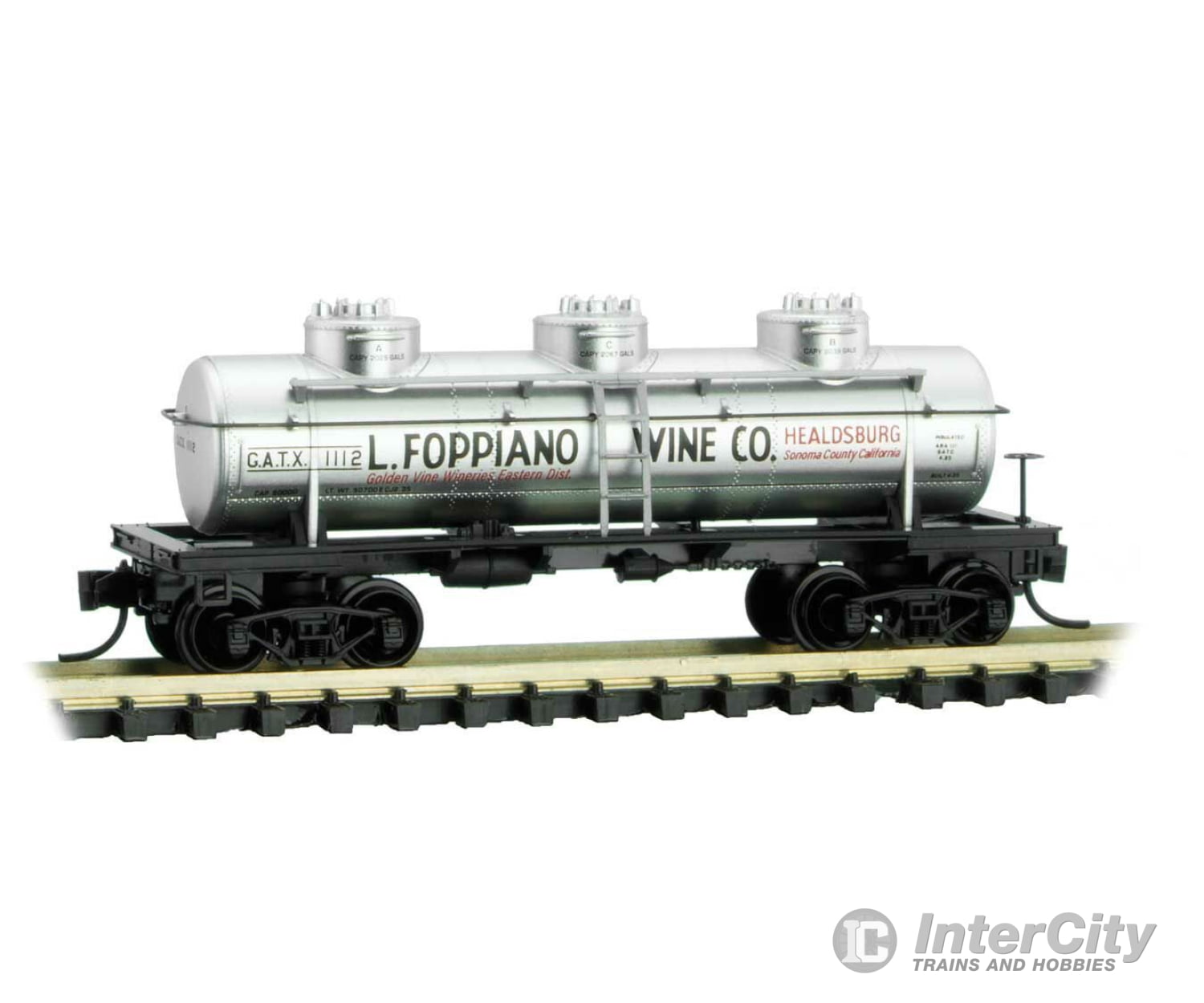 Micro Trains N 6600110 3-Dome Tank Car - Ready To Run -- L. Foppiano Wine Co. Gatx 1112 (Silver