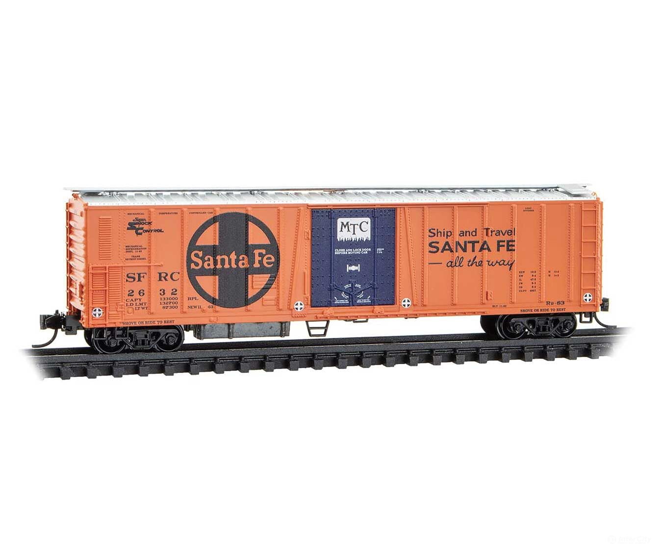 Micro Trains N 7000121 51’ 3-3/4’’ Rib-Side Mechanical Reefer - Santa Fe #2632 (orange blue black MTC& Large Logo)