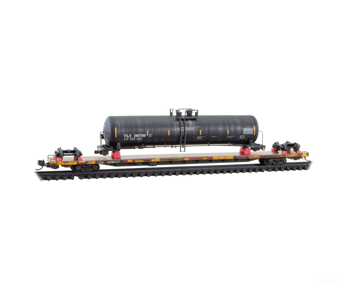Micro Trains N Scale 71144941 89’4’’ Flatcar with Wrecked Tank Car Load - TTX #972657 (weathered yellow black)