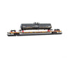 Micro Trains N Scale 71144941 89’4’’ Flatcar with Wrecked Tank Car Load - TTX #972657 (weathered yellow black)