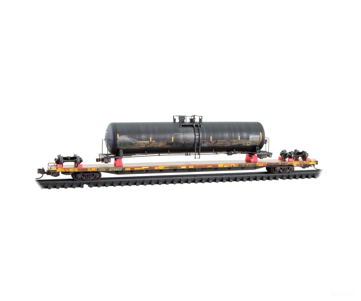 Micro Trains N Scale 71144941 89’4’’ Flatcar with Wrecked Tank Car Load - TTX #972657 (weathered yellow black)